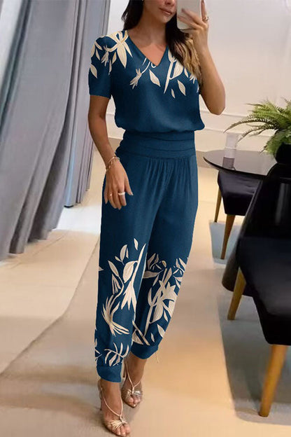 Casual V-Neck Printed Short Sleeve Long Trousers Two-Piece Set