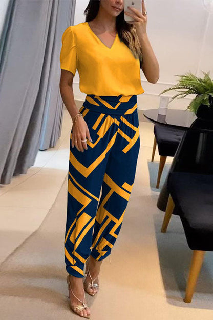 Casual V-Neck Printed Short Sleeve Long Trousers Two-Piece Set