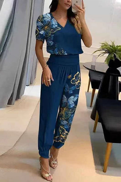 Casual V-Neck Printed Short Sleeve Long Trousers Two-Piece Set