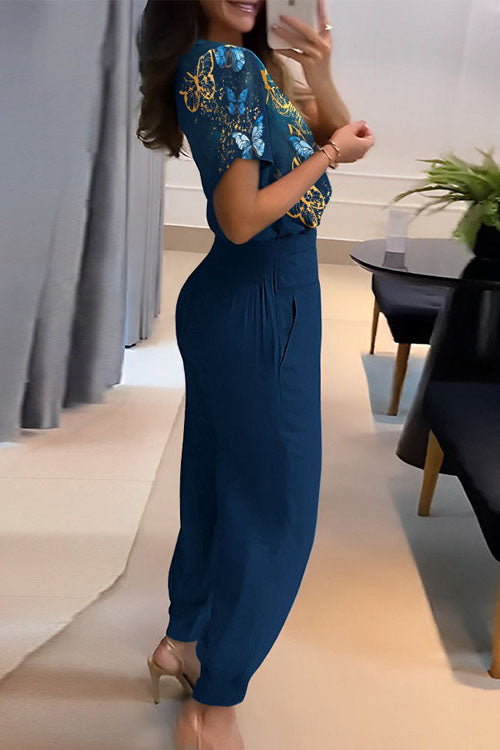 Casual V-Neck Printed Short Sleeve Long Trousers Two-Piece Set