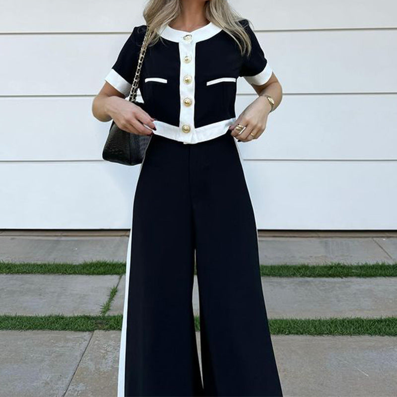 Stylish Casual Short Top & Straight-Leg Trousers Two-Piece Set