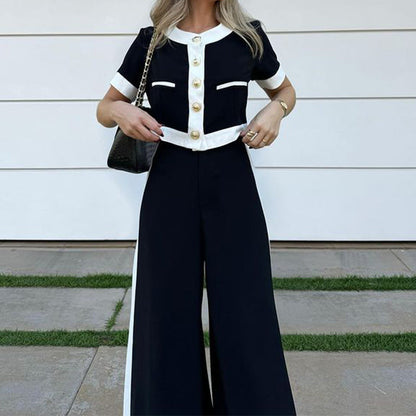 Stylish Casual Short Top & Straight-Leg Trousers Two-Piece Set
