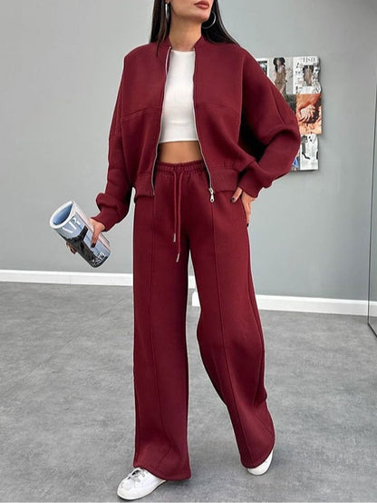 Women's zippered cardigan and straight trousers suit