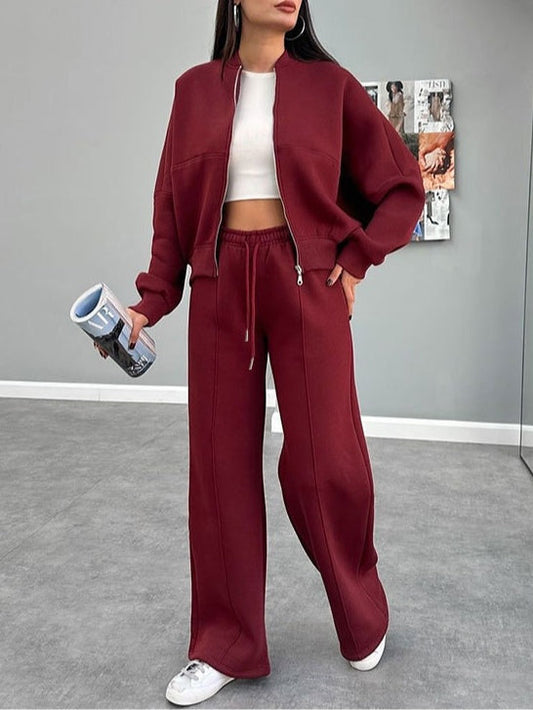 Women's zippered cardigan and straight trousers suit