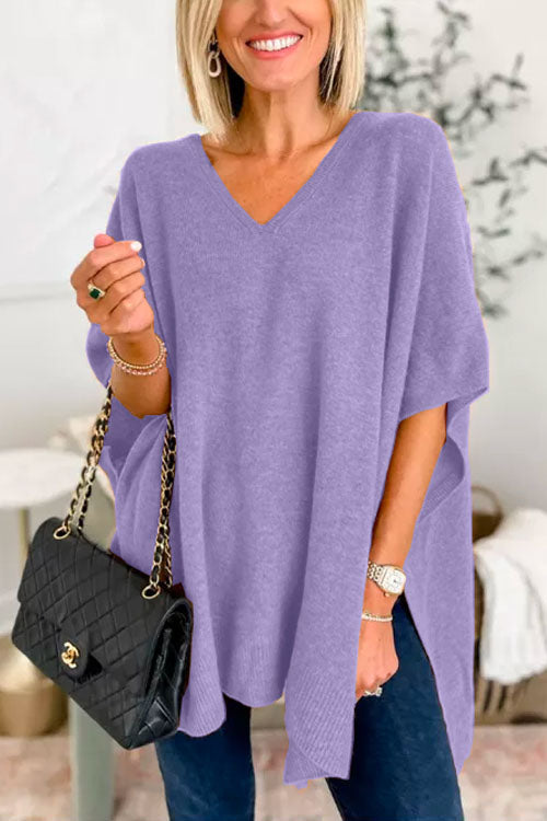 Chic V Neck Loose Fit Solid Poncho Sweater