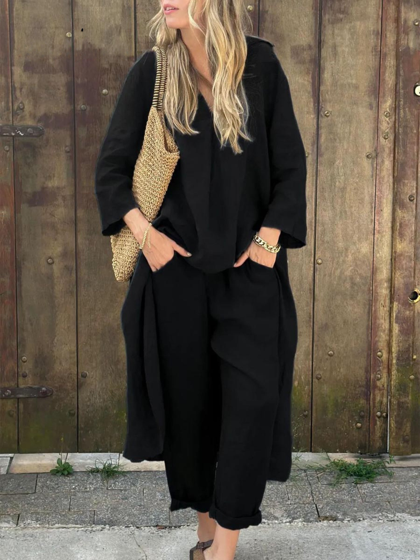 Linen Irregular Loose V-neck Top and High-Waisted Pocket Wide-leg Trousers Set