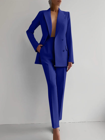 Casual Commuting Solid Colour Blazer & High Waist Trousers Set