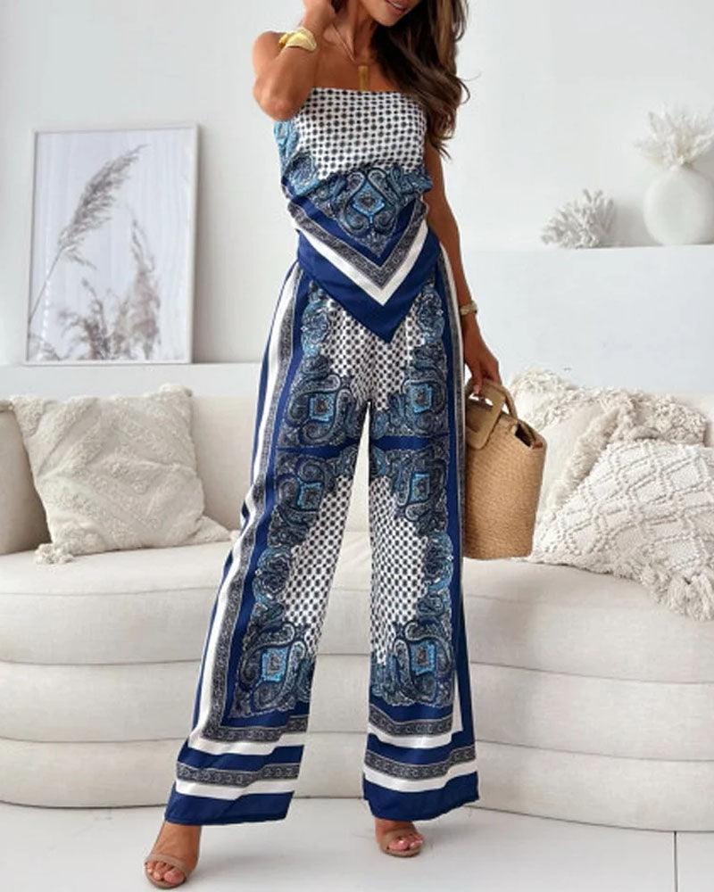 Stylish Printed Lace-Up Vest & Trousers Two-Piece Set