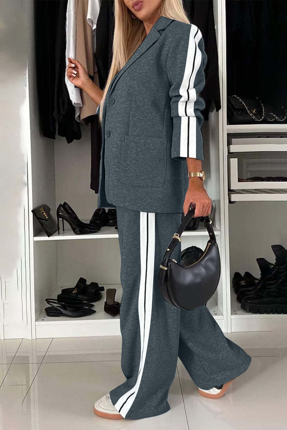 Contrast Lapel Collar Top and Trousers Set