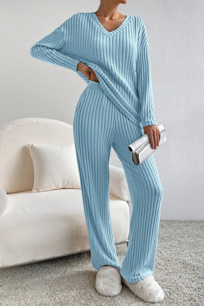 Ribbed V-Neck Top and Trousers Set