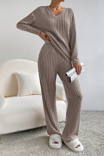 Ribbed V-Neck Top and Trousers Set