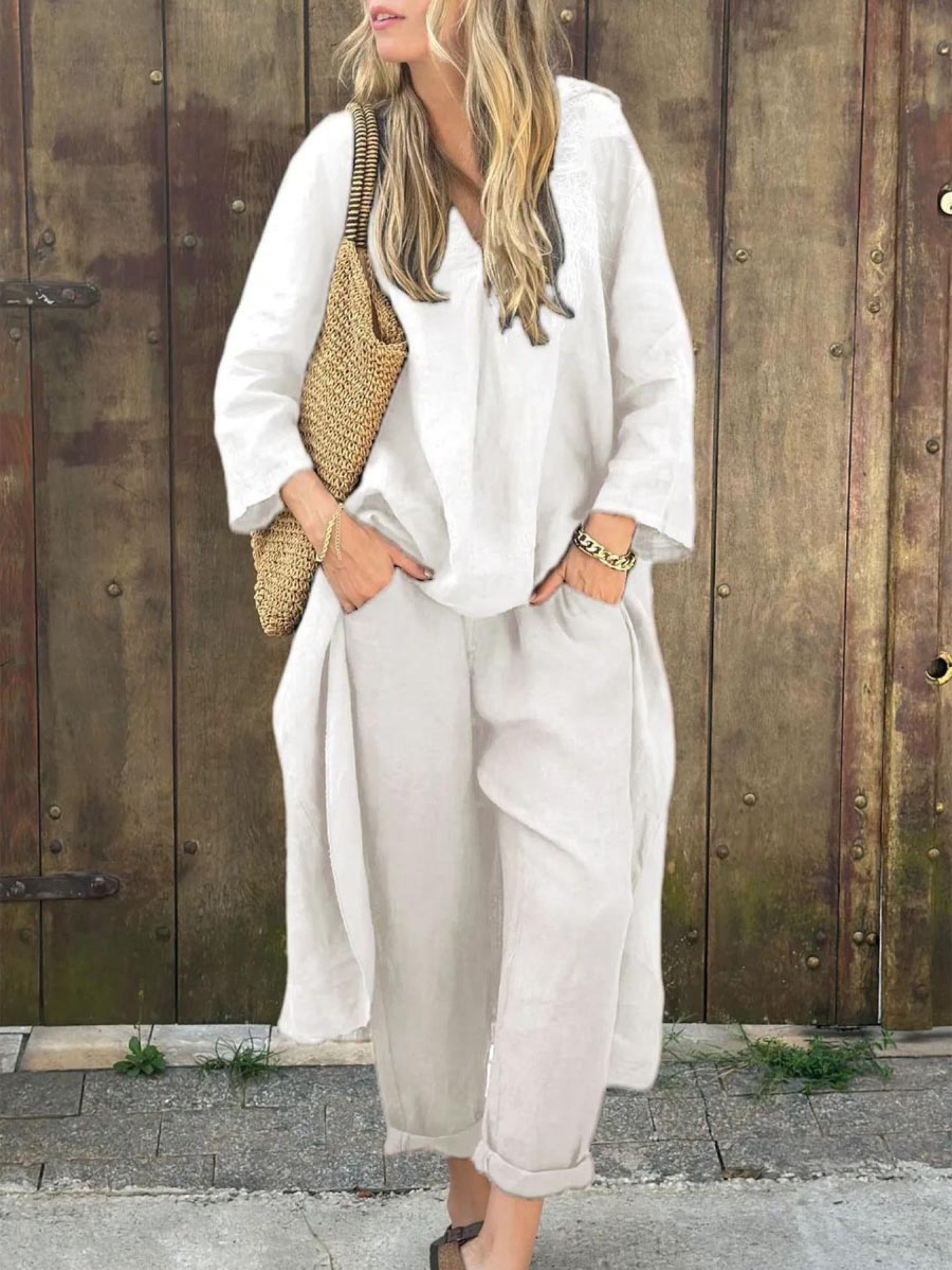 Linen Irregular Loose V-neck Top and High-Waisted Pocket Wide-leg Trousers Set