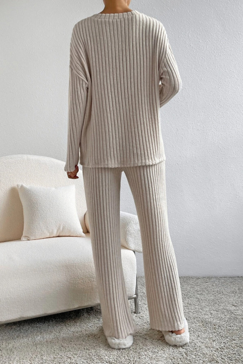 Ribbed V-Neck Top and Trousers Set