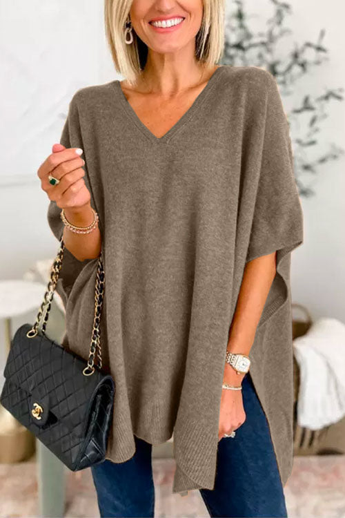 Chic V Neck Loose Fit Solid Poncho Sweater
