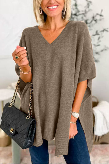 Chic V Neck Loose Fit Solid Poncho Sweater