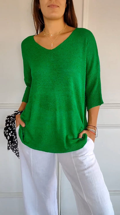 Solid Colour Knitted V-neck Top