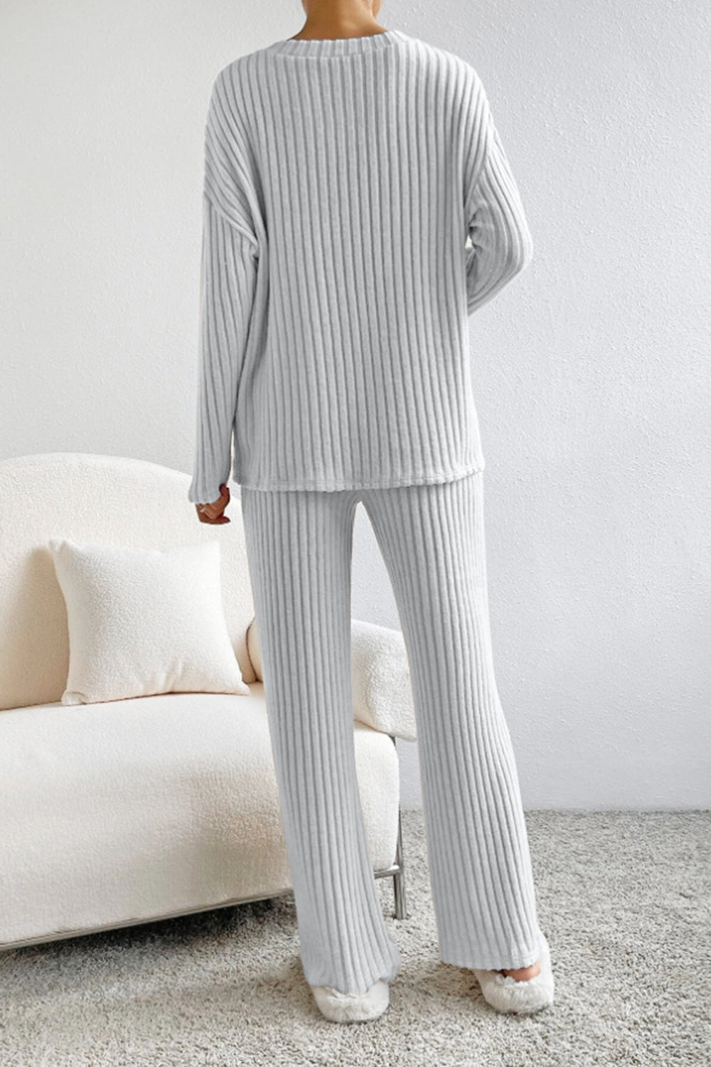 Ribbed V-Neck Top and Trousers Set