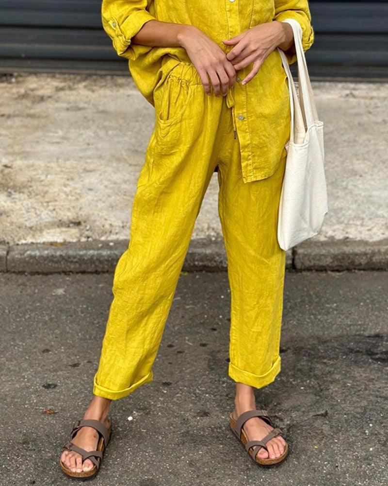 Casual Solid Colour V-Neck Shirt & Trousers Cotton Linen Two-Piece Set