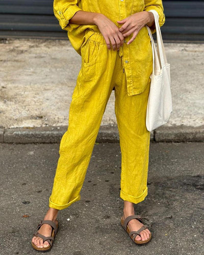 Casual Solid Colour V-Neck Shirt & Trousers Cotton Linen Two-Piece Set