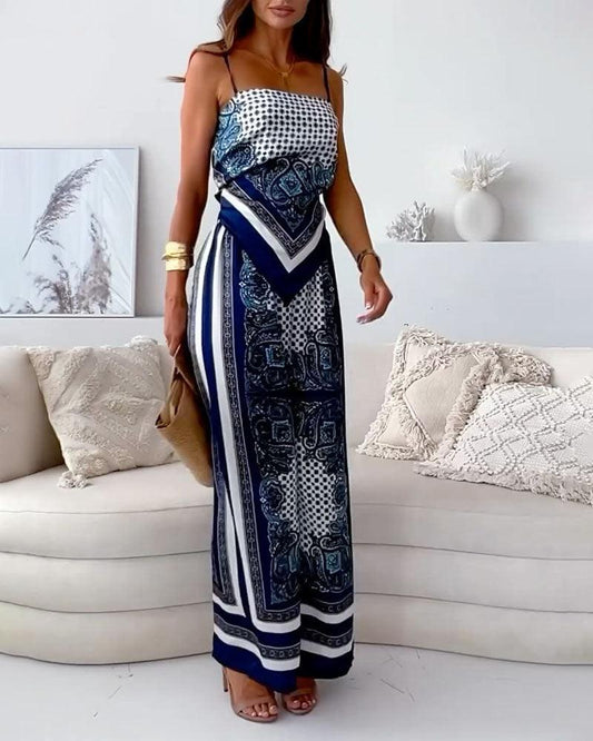 Stylish Printed Lace-Up Vest & Trousers Two-Piece Set