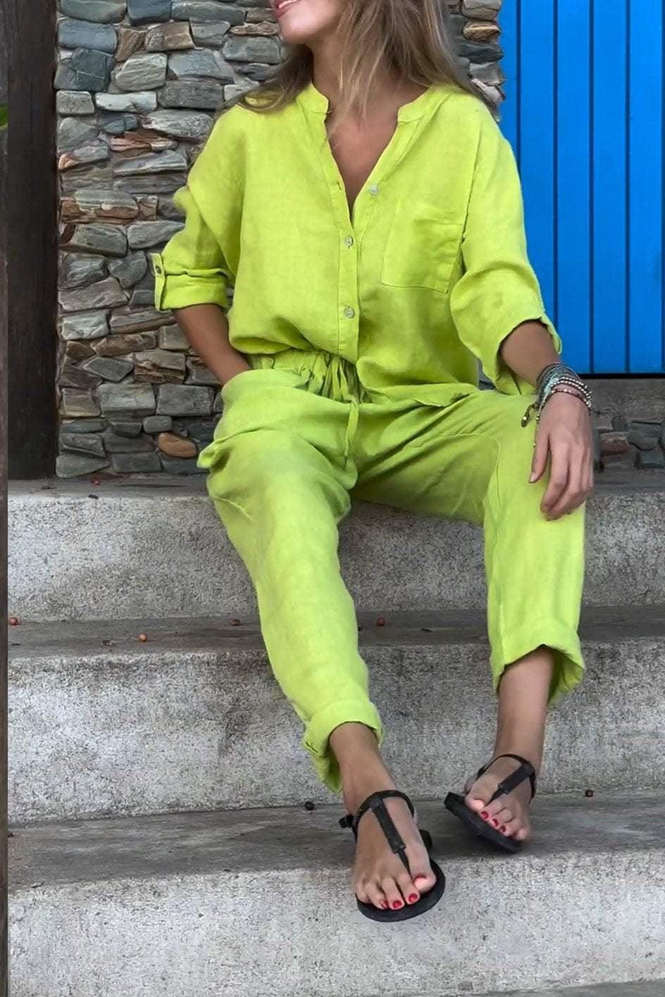 Casual Solid Colour V-Neck Shirt & Trousers Cotton Linen Two-Piece Set