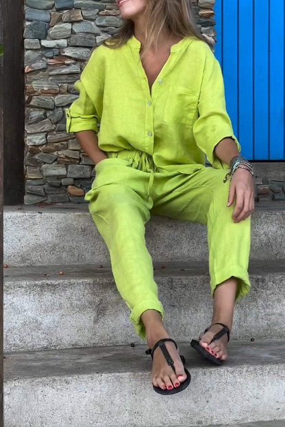 Casual Solid Colour V-Neck Shirt & Trousers Cotton Linen Two-Piece Set