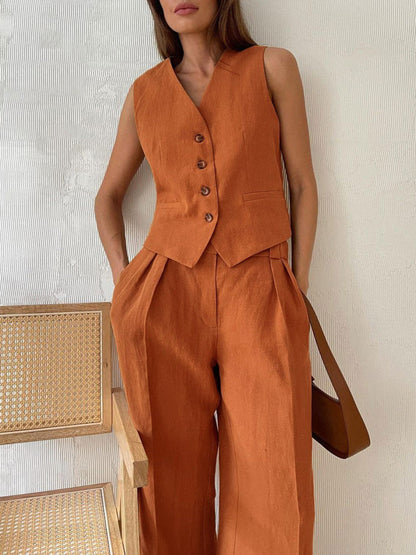 Classic V-neck Pleated Cotton and Linen Wide-leg Trousers Suit