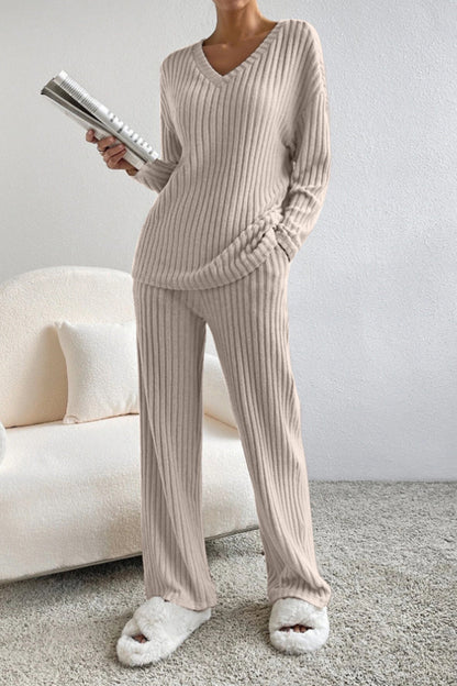 Ribbed V-Neck Top and Trousers Set