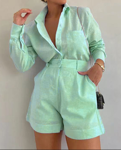 Cotton and Linen Long Sleeve Loose Shorts Set