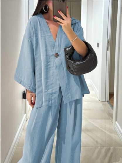 Casual V-Neck Top & Trousers Two-Piece Set