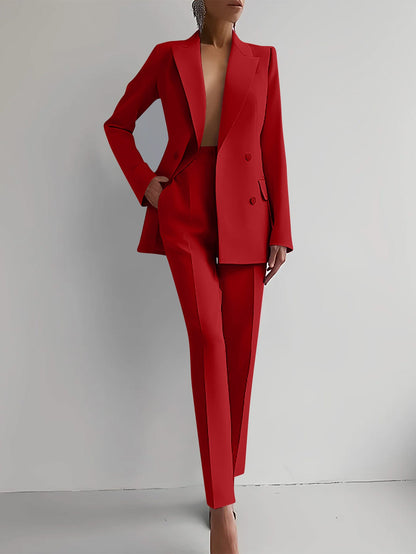 Casual Commuting Solid Colour Blazer & High Waist Trousers Set