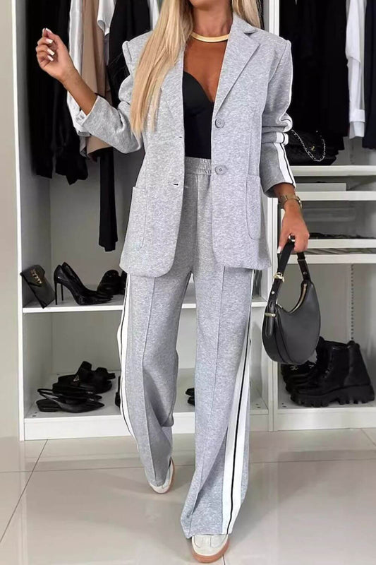 Contrast Lapel Collar Top and Trousers Set