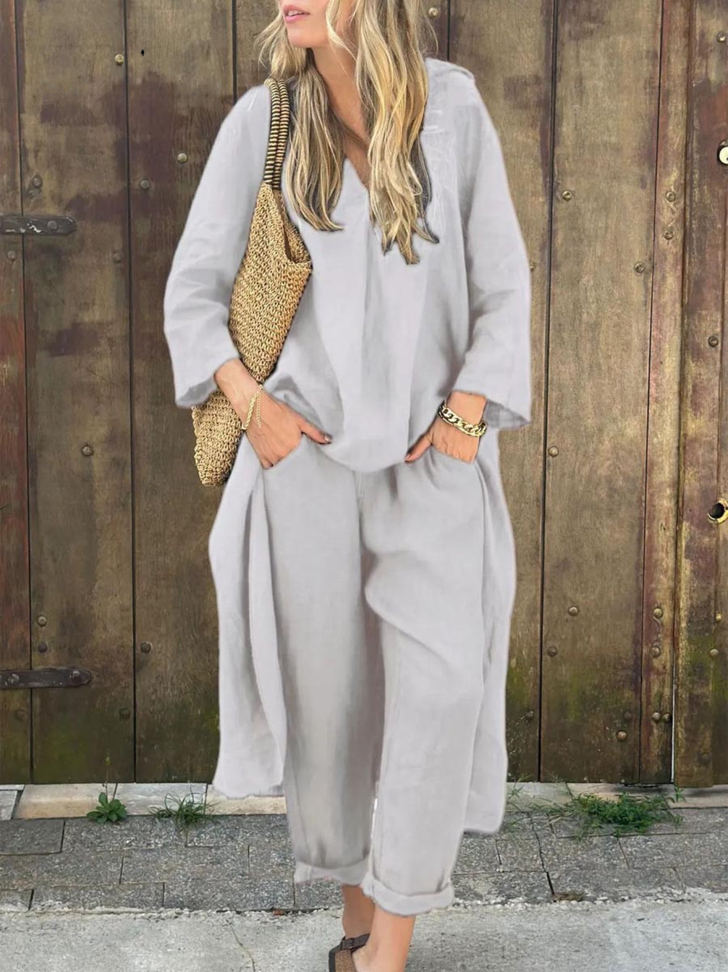 Linen Irregular Loose V-neck Top and High-Waisted Pocket Wide-leg Trousers Set