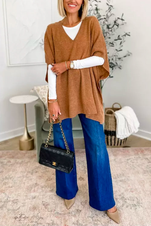 Chic V Neck Loose Fit Solid Poncho Sweater