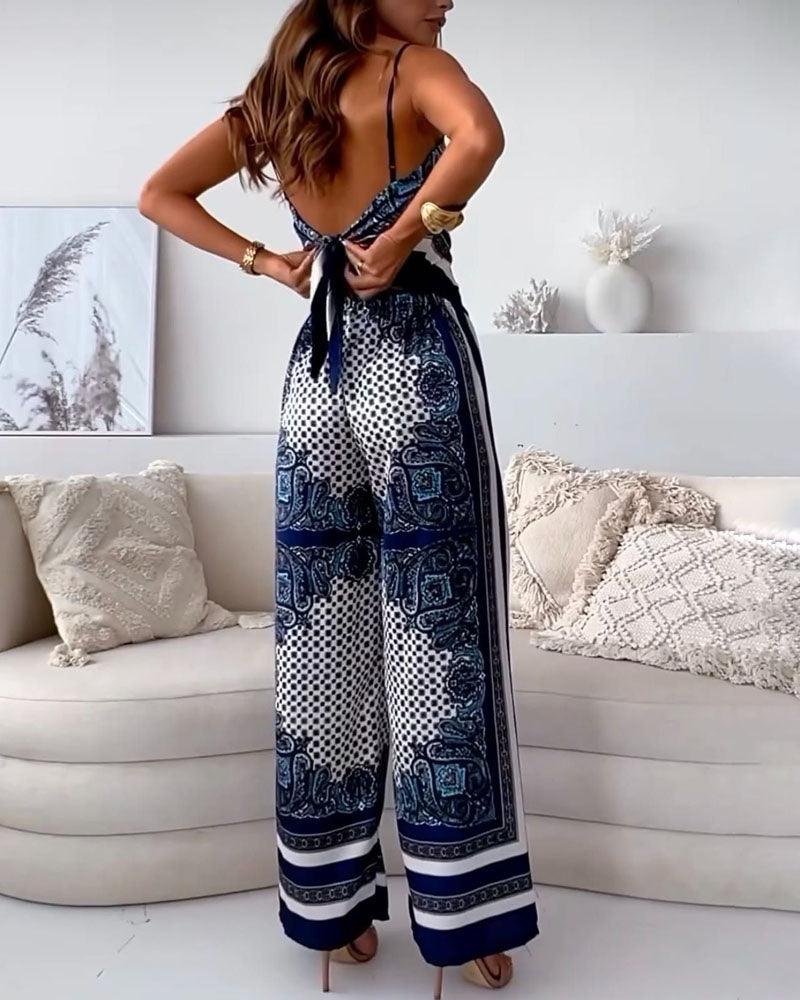 Stylish Printed Lace-Up Vest & Trousers Two-Piece Set