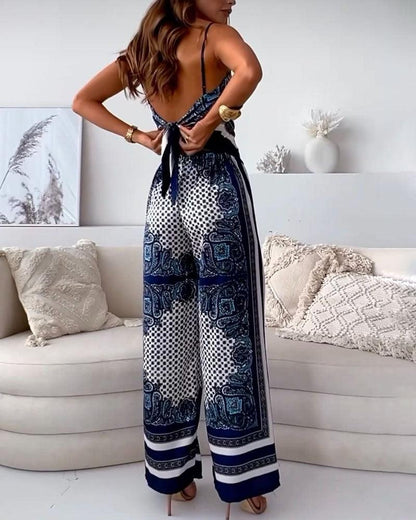 Stylish Printed Lace-Up Vest & Trousers Two-Piece Set