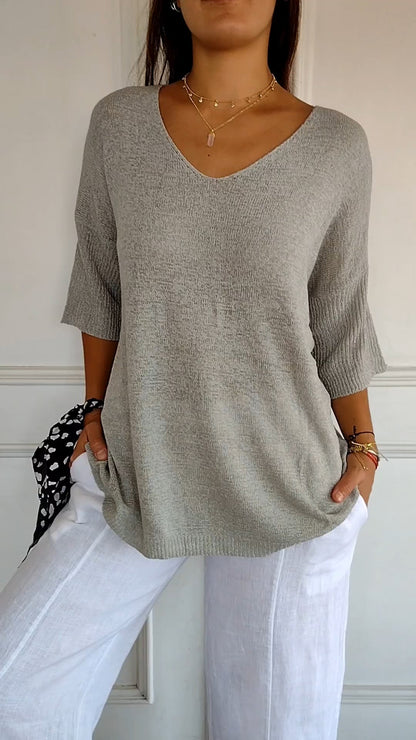 Solid Colour Knitted V-neck Top