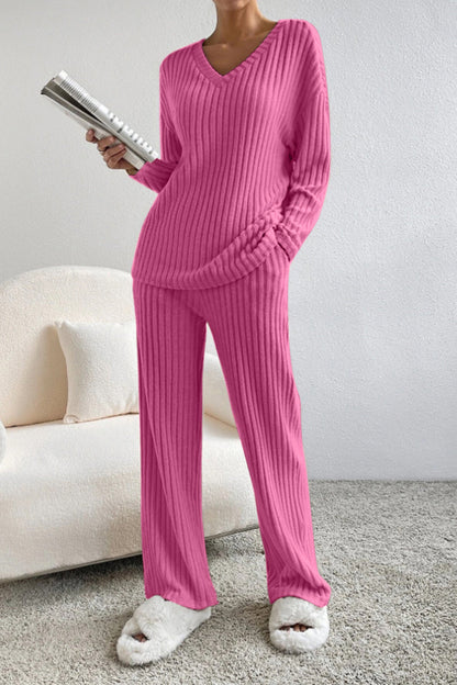 Ribbed V-Neck Top and Trousers Set