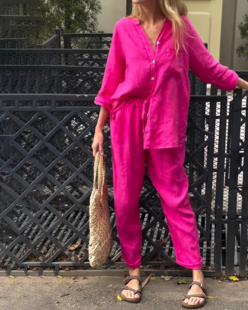 Casual Solid Colour V-Neck Shirt & Trousers Cotton Linen Two-Piece Set