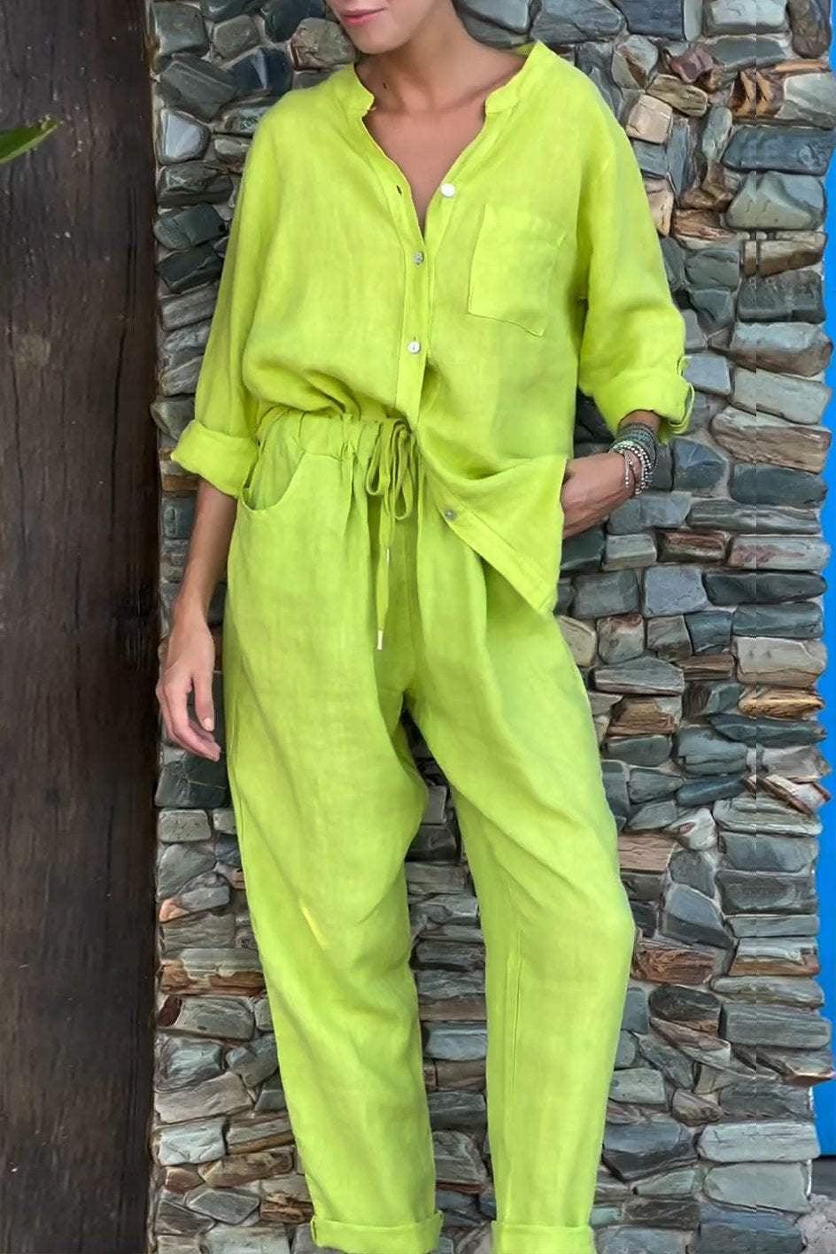 Casual Solid Colour V-Neck Shirt & Trousers Cotton Linen Two-Piece Set