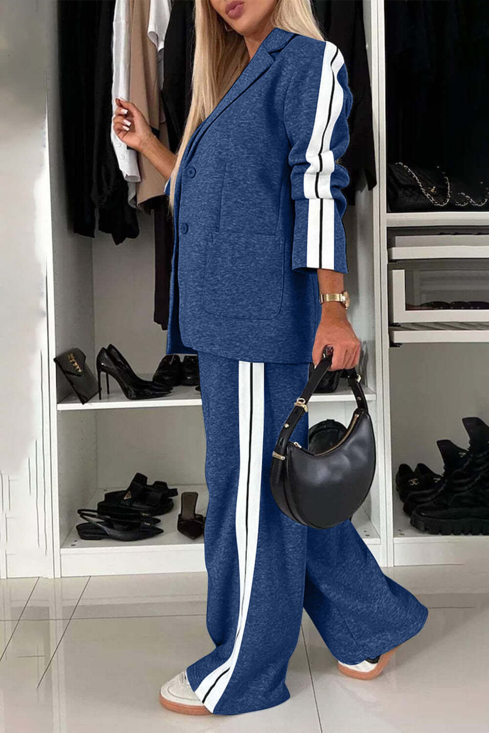 Contrast Lapel Collar Top and Trousers Set