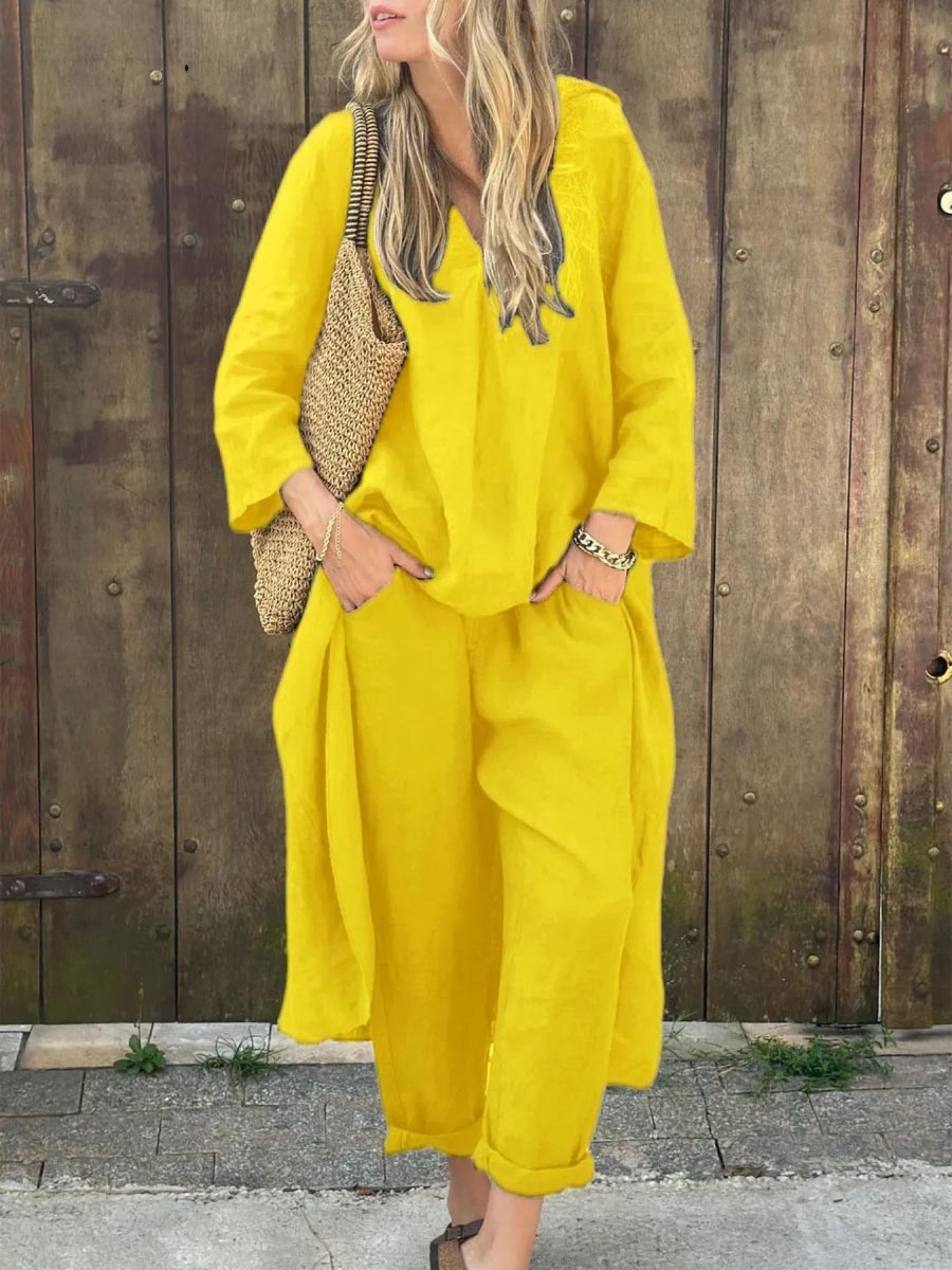 Linen Irregular Loose V-neck Top and High-Waisted Pocket Wide-leg Trousers Set