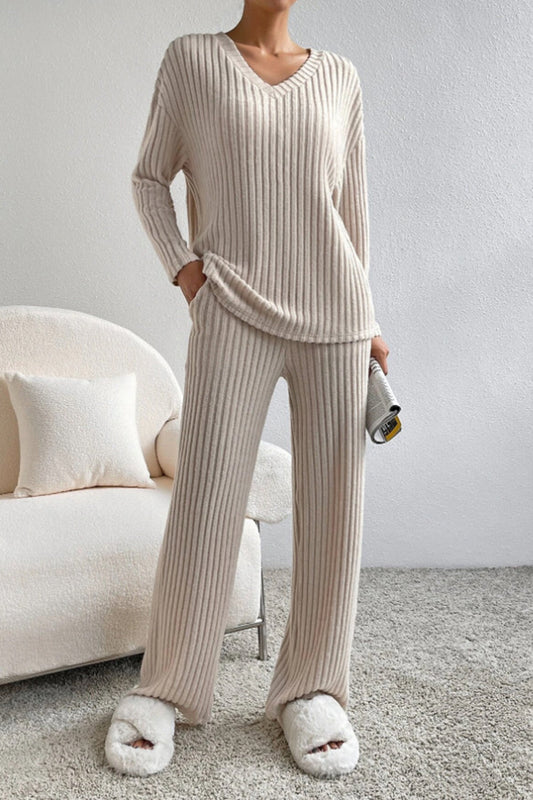 Ribbed V-Neck Top and Trousers Set
