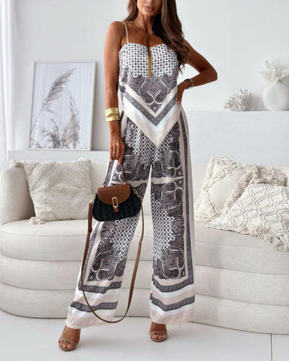 Stylish Printed Lace-Up Vest & Trousers Two-Piece Set