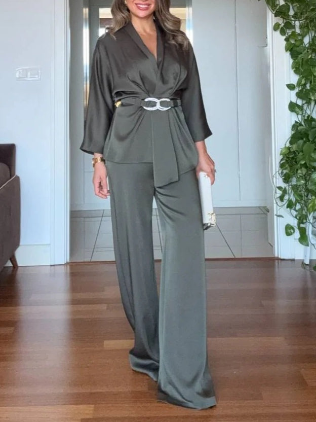 V-neck satin flowy wide-leg trousers suit