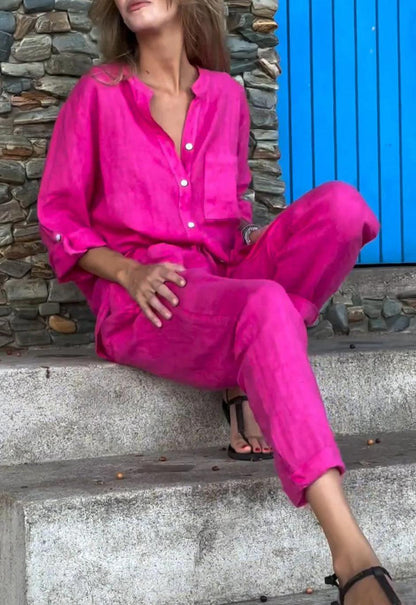 Casual Solid Colour V-Neck Shirt & Trousers Cotton Linen Two-Piece Set