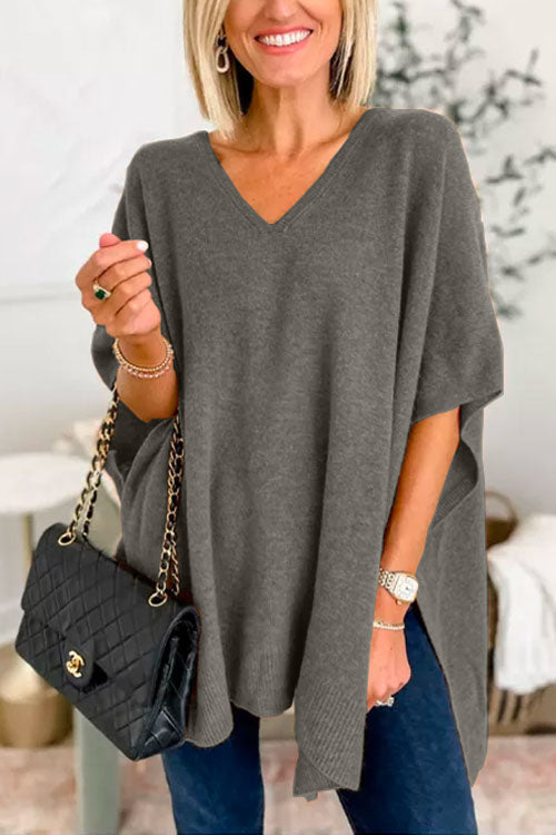 Chic V Neck Loose Fit Solid Poncho Sweater
