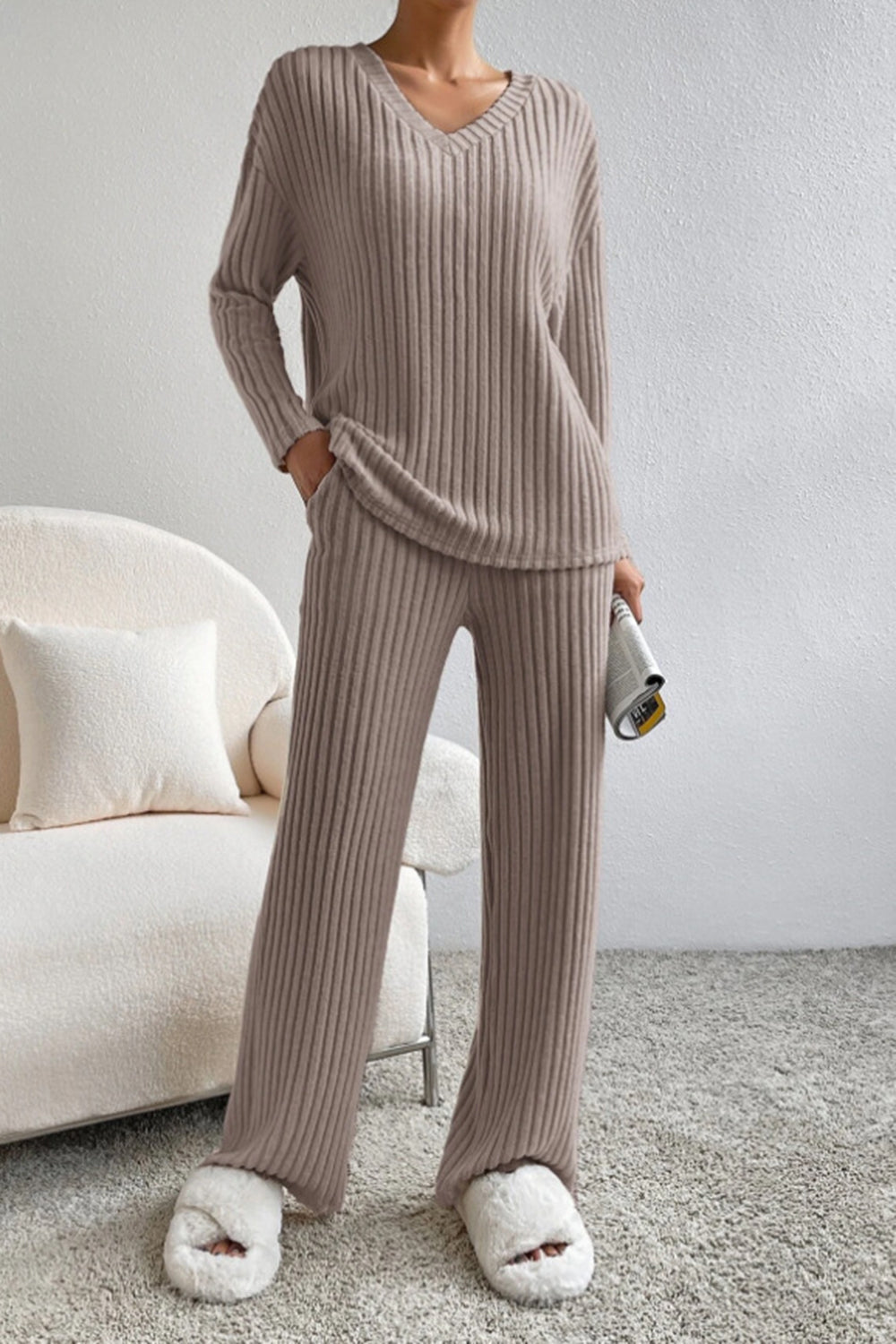 Ribbed V-Neck Top and Trousers Set
