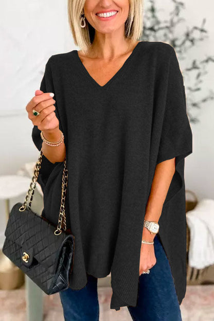 Chic V Neck Loose Fit Solid Poncho Sweater