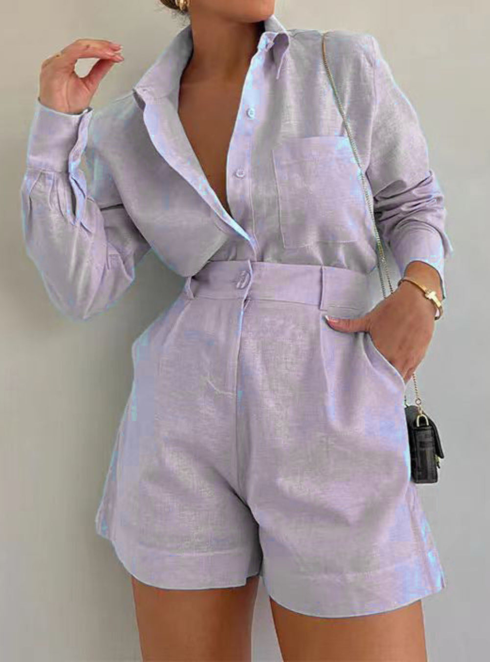 Cotton and Linen Long Sleeve Loose Shorts Set